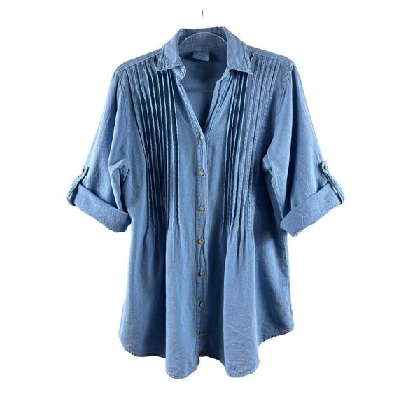 Sea Breeze of California Pleated Button Up Gauze Roll-Tab Sleeve Tunic Top Large - Picture 1 of 7